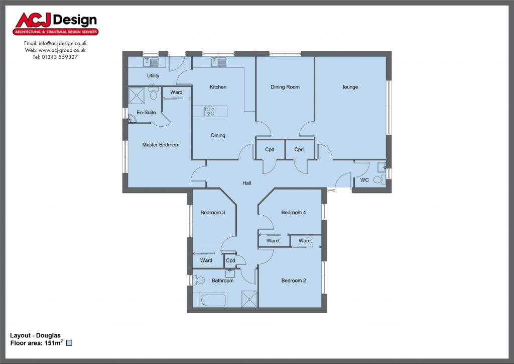 Douglas house type floor plan with ACJ Design Logo - 4 bedroom bungalow - 151m2 floor area