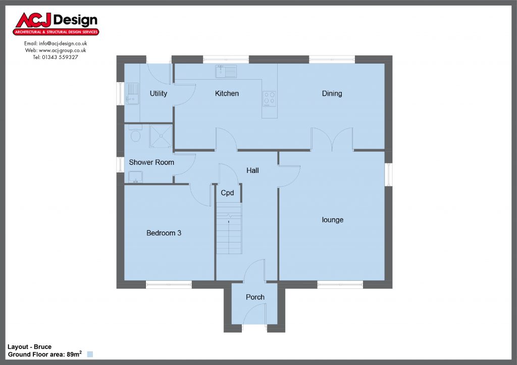 Bruce house type ground floor plan with ACJ Design Logo - 4 bedroom 1 ½ Storey Range - 151m2 floor area