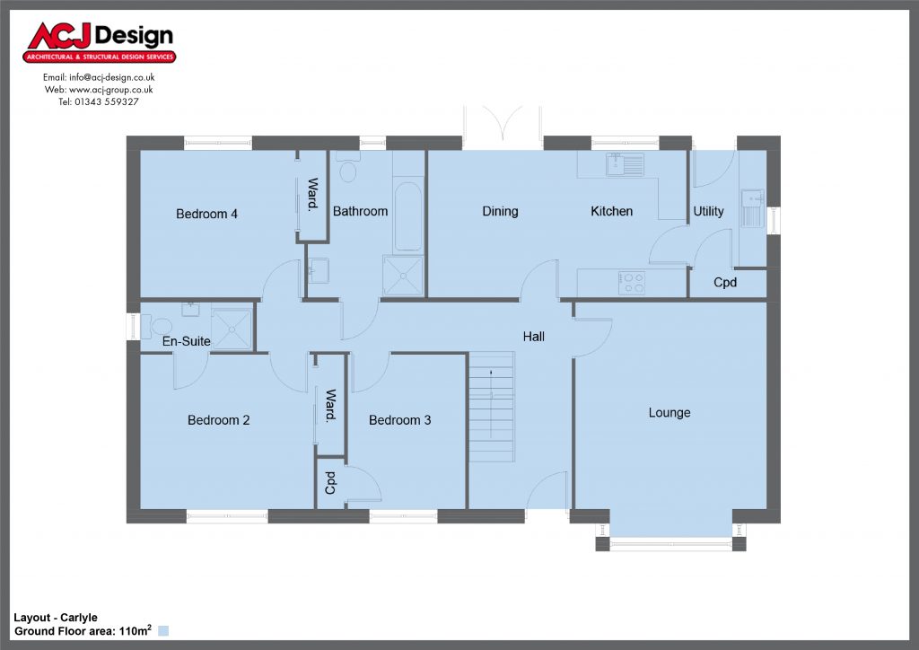 Carlyle house type ground floor plan with ACJ Design Logo - 5 bedroom 1 ½ Storey Range - 185m2 floor area