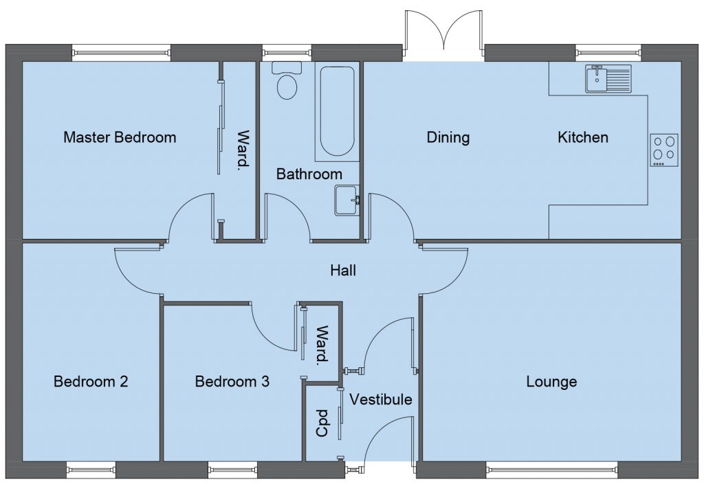 Broach house type floor plan - 3 bedroom bungalow - 86m2 floor area