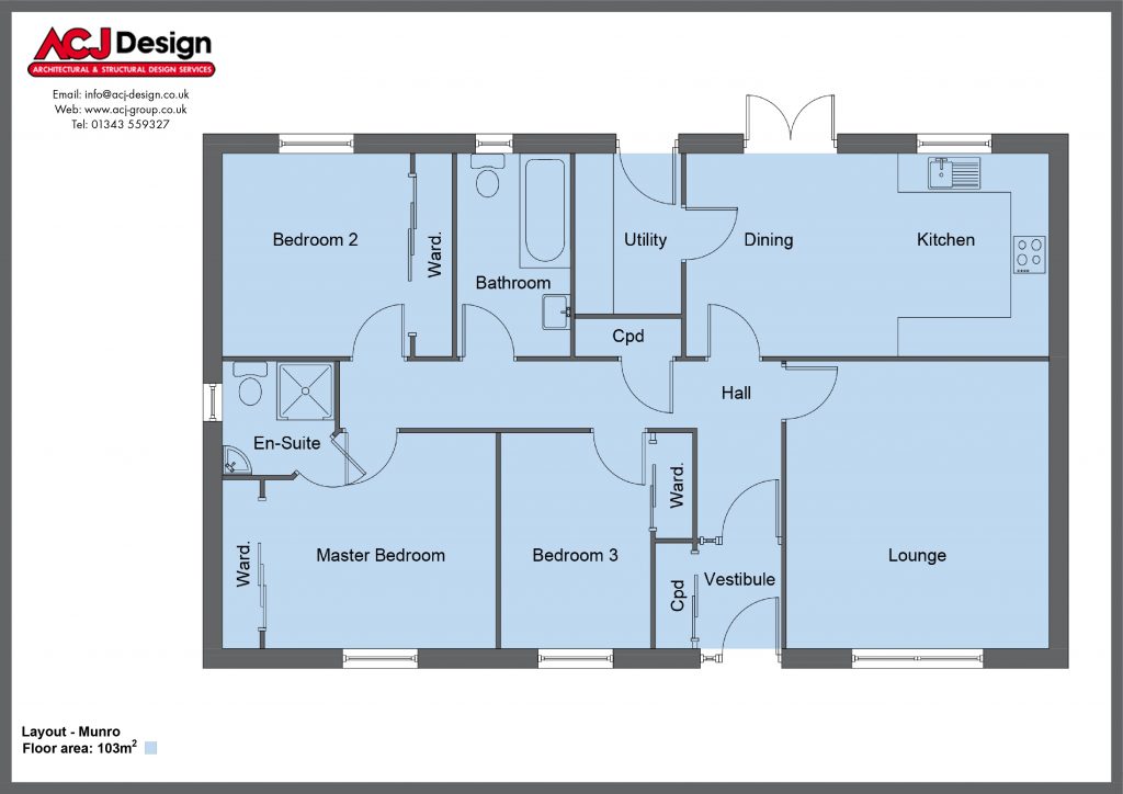 Munro house type floor plan with ACJ Design Logo - 3 bedroom bungalow - 103m2 floor area