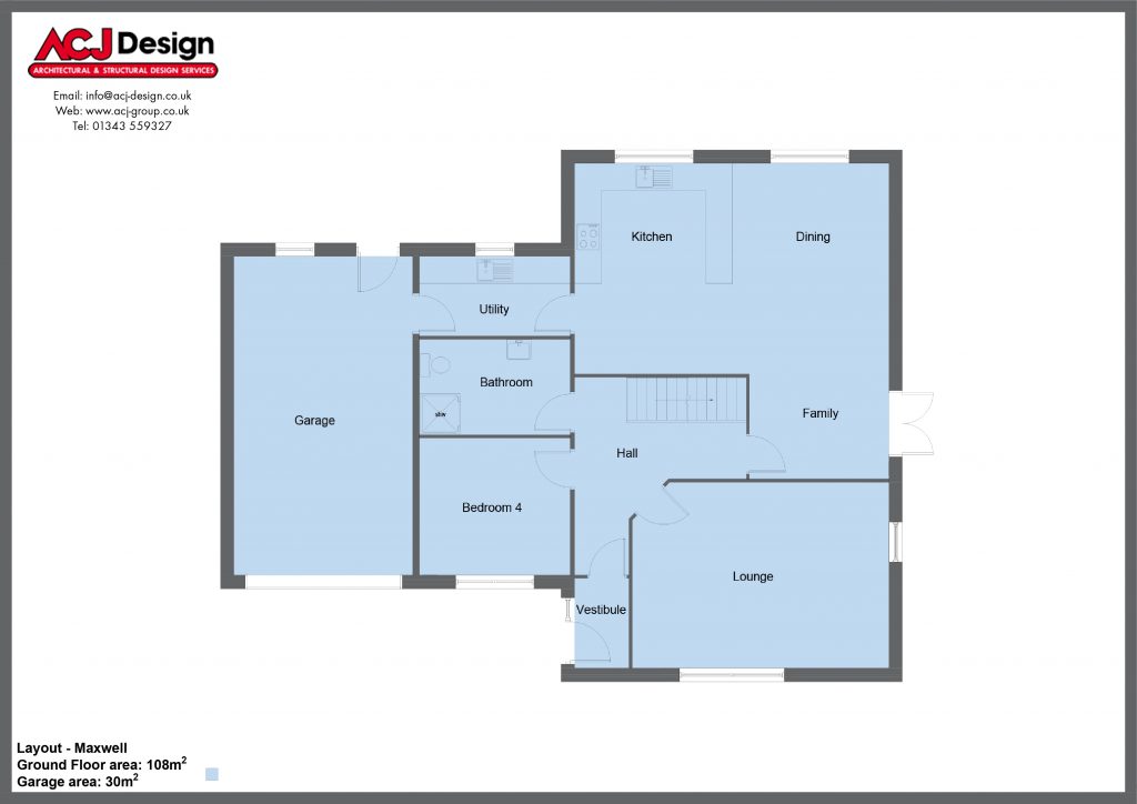 Maxwell house type ground floor plan with ACJ Design Logo - 4 bedroom 1 ½ Storey Range - 237m2 floor area