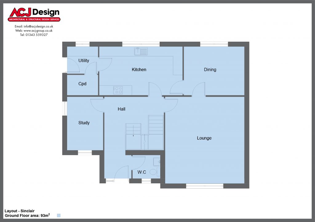 Sinclair house type ground floor plan with ACJ Design Logo - 4 bedroom 2 Storey Range - 179m2 floor area