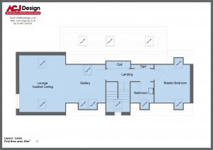 Lewis house type first floor plan with ACJ Design Logo - 2 bedroom Island Range - 158m2 floor area