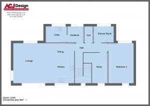 Lewis house type ground floor plan with ACJ Design Logo - 2 bedroom Island Range - 158m2 floor area